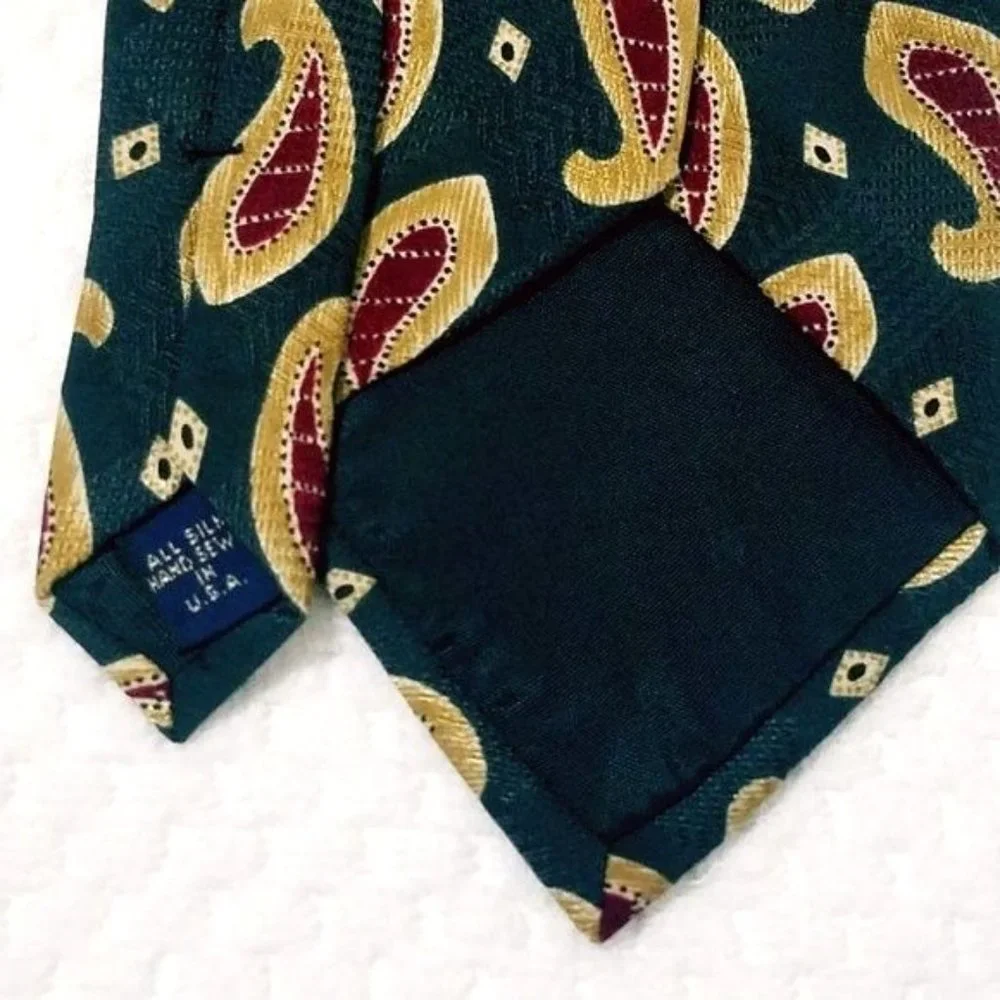 Mens GJ Cahn Green Maroon Paisley Print Silk Necktie - Picture 3 of 3